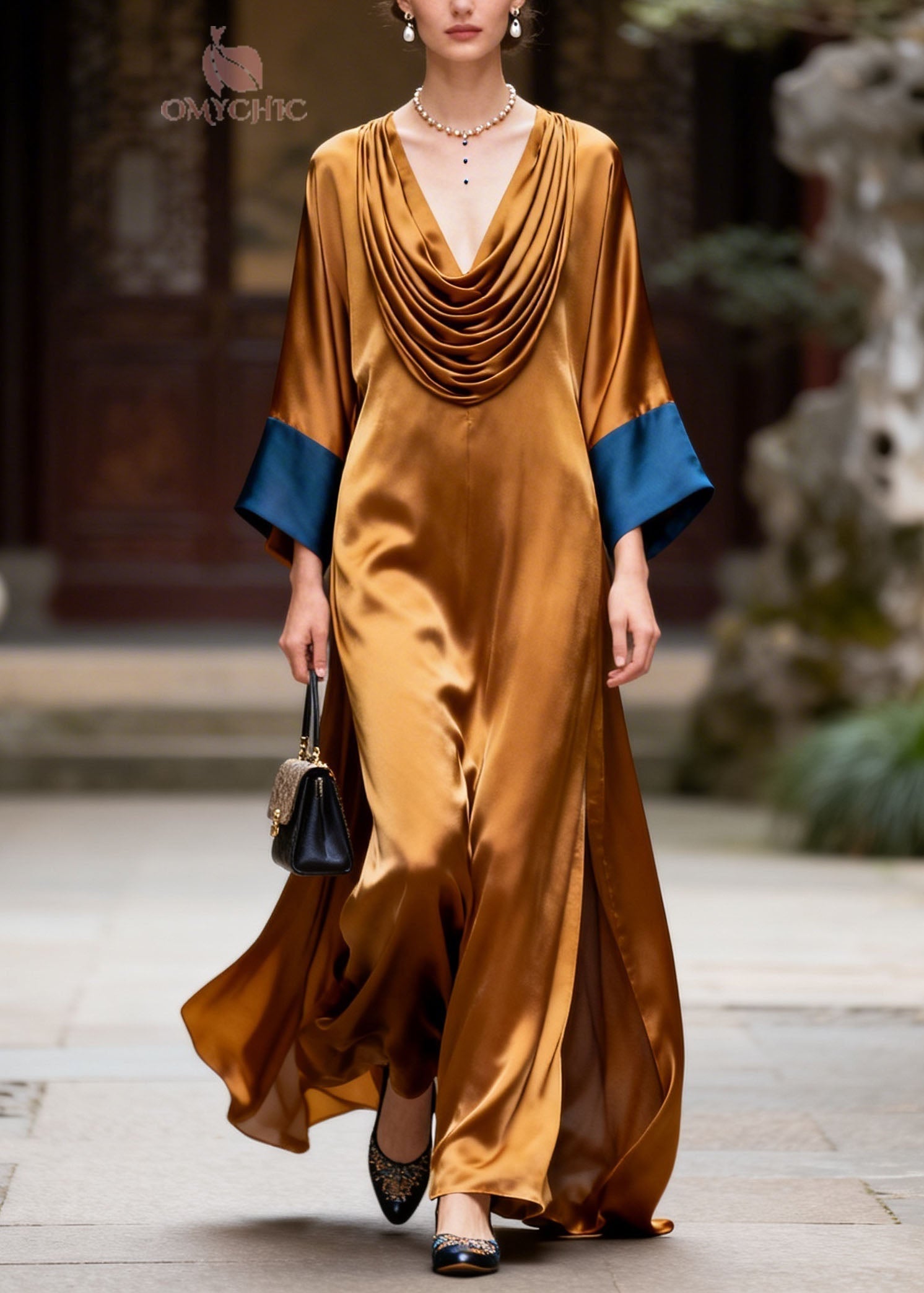 Satin Cowl Neck Draped Kimono Sleeve Contrast Cuff High Split Maxi Gown
