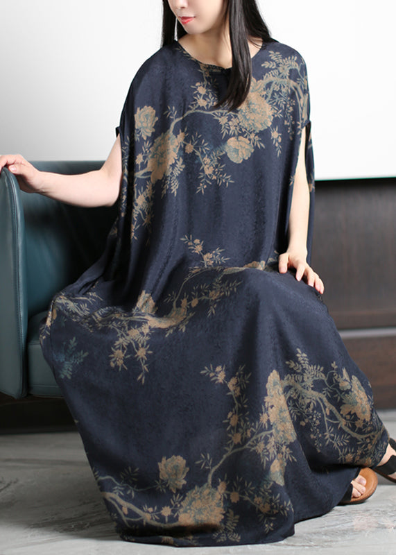 Round Neck Floral Print Satin Cocoon Maxi Dress