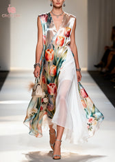 Beautiful Flower Print Patchwork Chiffon Maxi Dresses Sleeveless