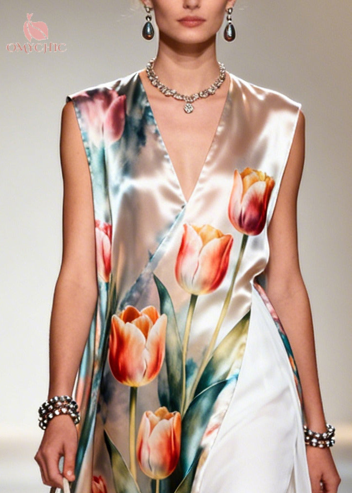 Beautiful Flower Print Patchwork Chiffon Maxi Dresses Sleeveless - View 2