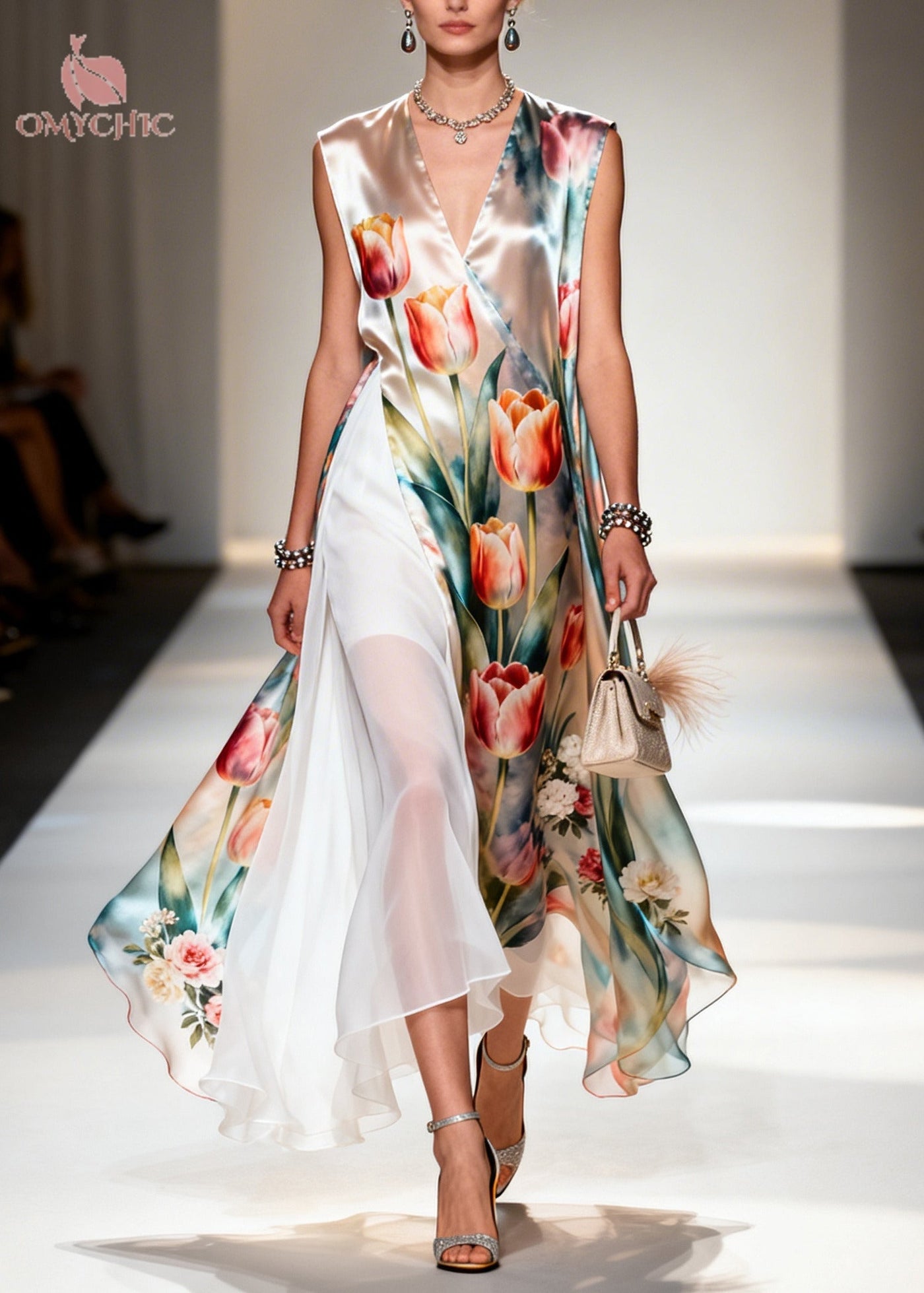 Beautiful Flower Print Patchwork Chiffon Maxi Dresses Sleeveless - View 3