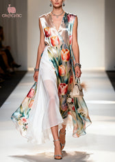 Beautiful Flower Print Patchwork Chiffon Maxi Dresses Sleeveless - View 3