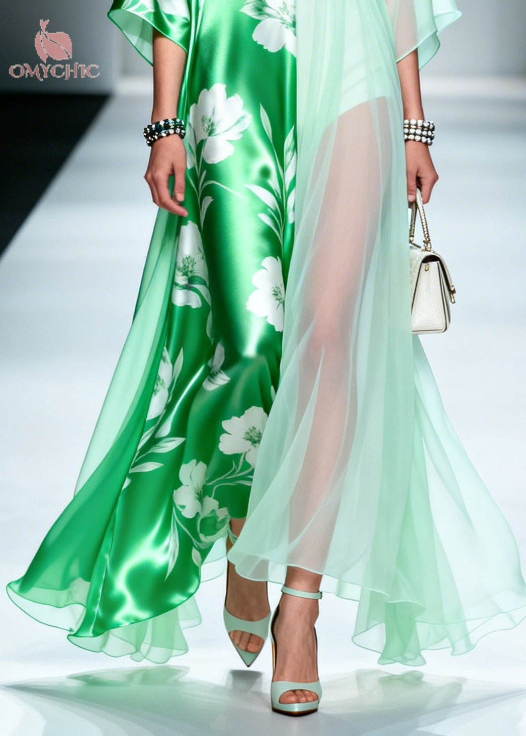 Beautiful Green Asymmetrical Patchwork Chiffon Maxi Dresses Summer - View 4