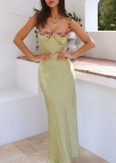 Beautiful Green Backless Floral Silk Spaghetti Strap Dress Summer