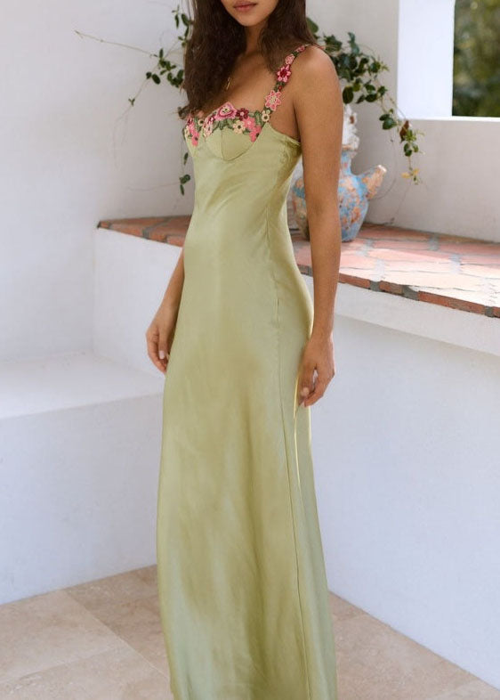 Beautiful Green Backless Floral Silk Spaghetti Strap Dress Summer - View 2