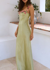 Beautiful Green Backless Floral Silk Spaghetti Strap Dress Summer - View 2