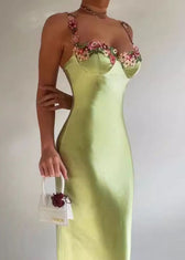 Beautiful Green Backless Floral Silk Spaghetti Strap Dress Summer - View 3