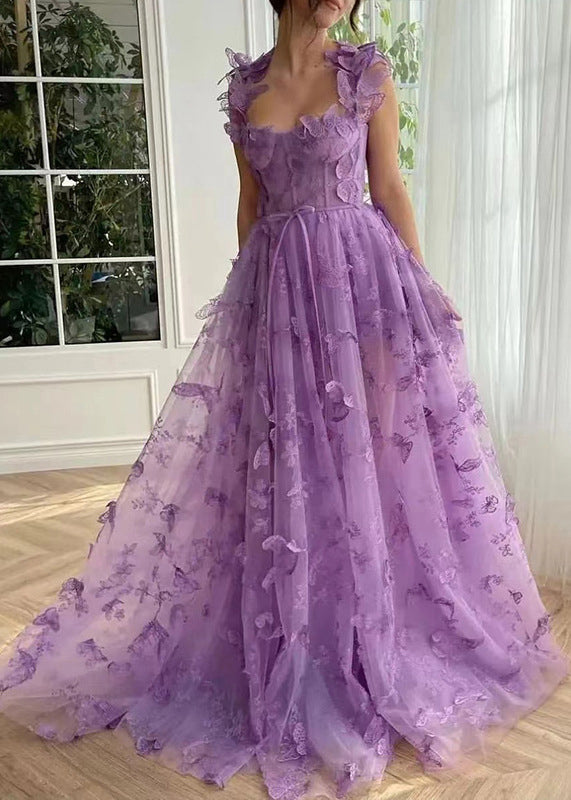 Beautiful Green Butterfly Side Open Tulle Maxi Dresses Sleeveless - View 2