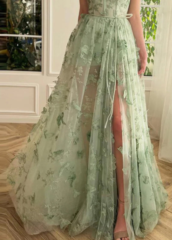 Beautiful Green Butterfly Side Open Tulle Maxi Dresses Sleeveless - View 5
