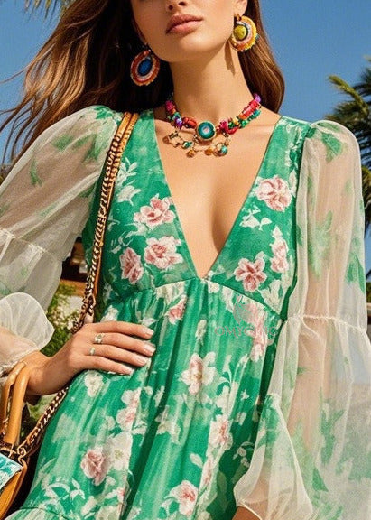 Floral Print Deep V-Neck Sheer Lantern Sleeve Tiered Ruffle Mini Dress