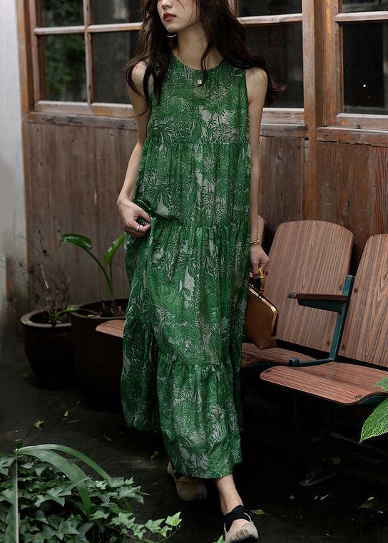 Tropical Palm Leaf Print Crew Neck Sleeveless Tiered Maxi Dress