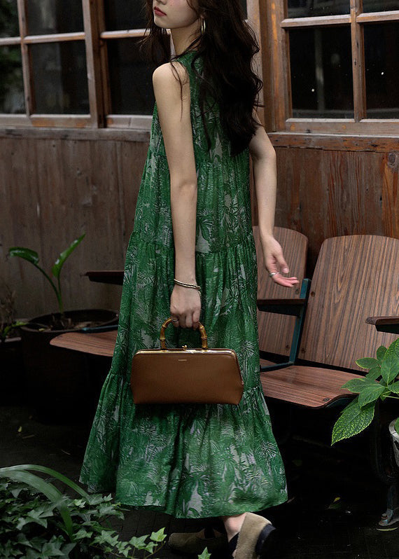 Tropical Palm Leaf Print Crew Neck Sleeveless Tiered Maxi Dress