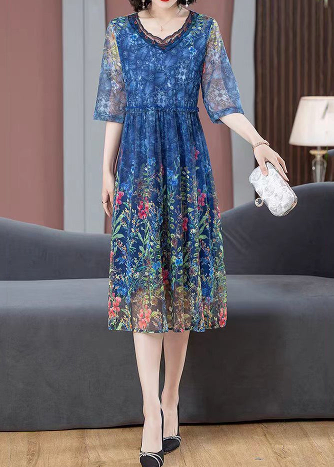 Beautiful Green Ruffled Print Tulle Dress Half Sleeve - View 2