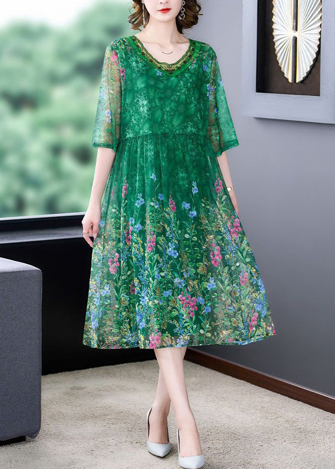 Beautiful Green Ruffled Print Tulle Dress Half Sleeve - View 3