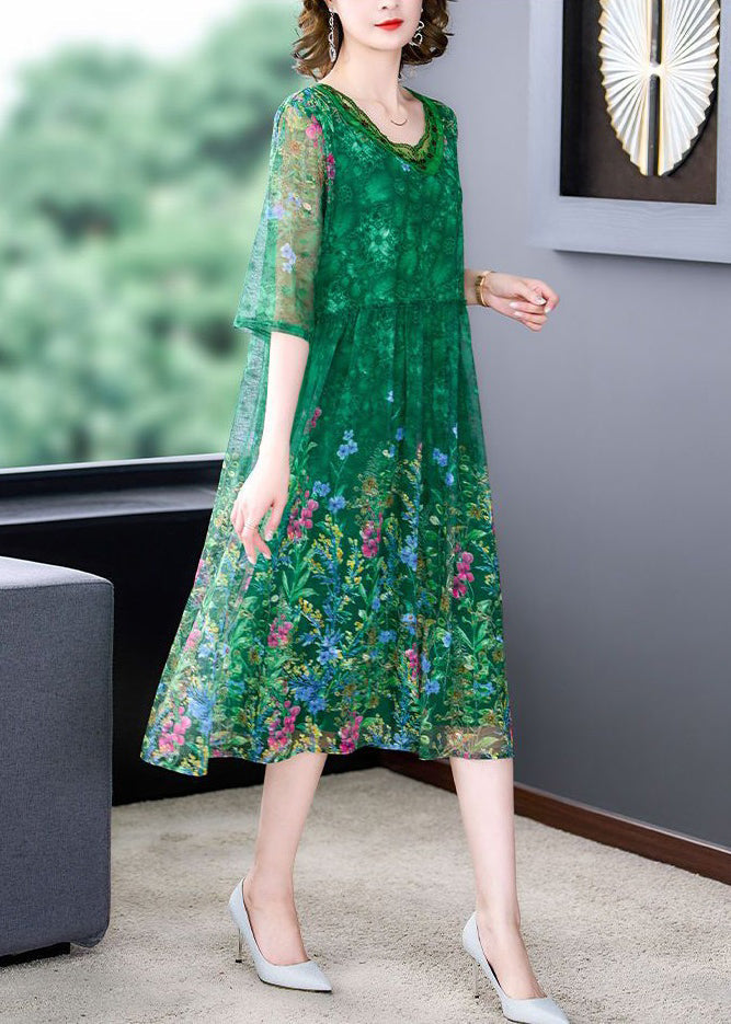 Beautiful Green Ruffled Print Tulle Dress Half Sleeve - View 4