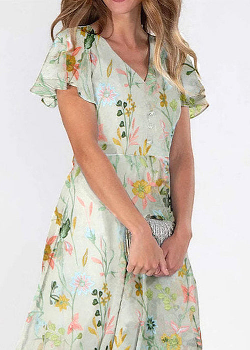Floral Embroidered Mesh Overlay Flutter Sleeve Button Front Maxi Dress