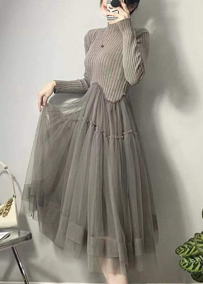 Knit Mock Neck Long Sleeve Tiered Tulle Midi Dress