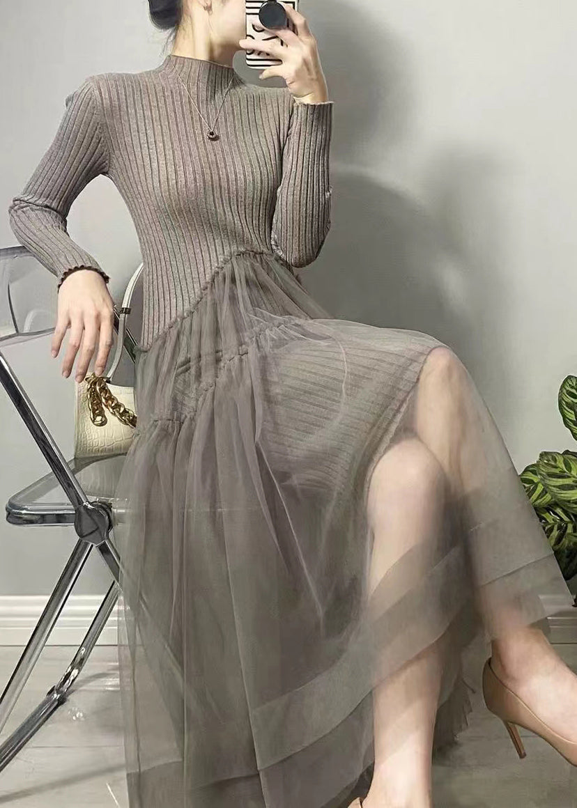 Knit Mock Neck Long Sleeve Tiered Tulle Midi Dress