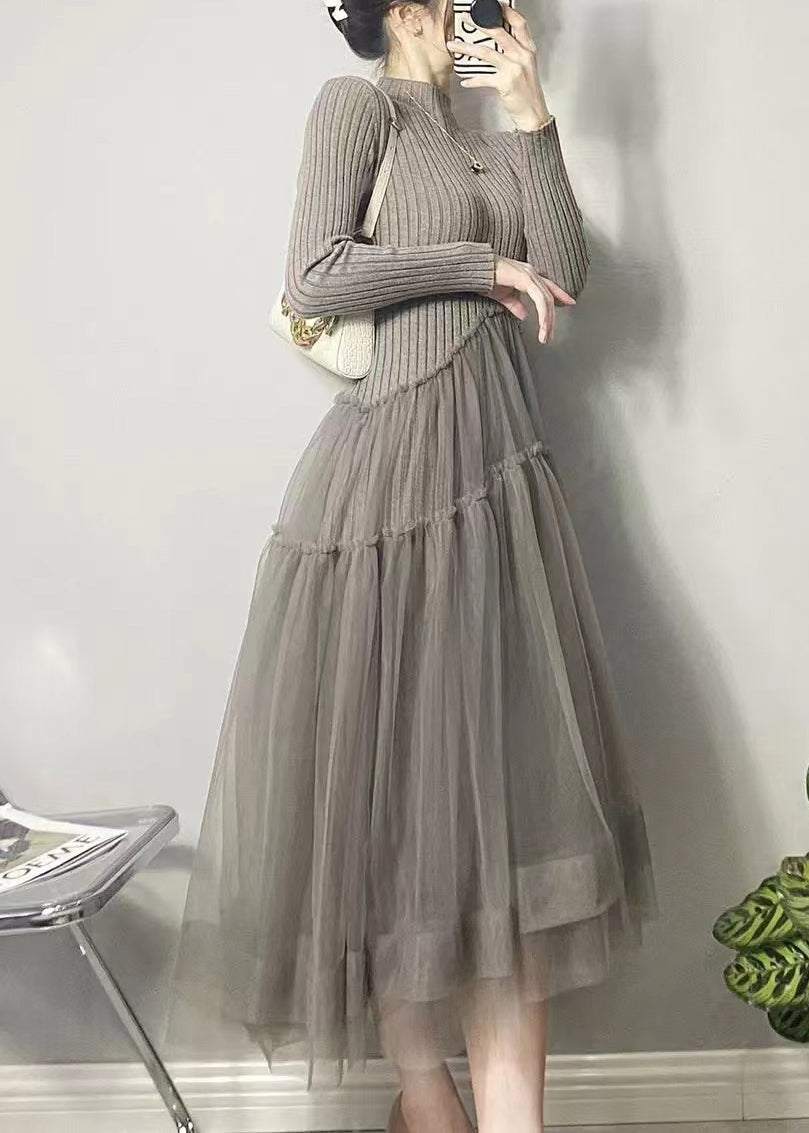 Knit Mock Neck Long Sleeve Tiered Tulle Midi Dress