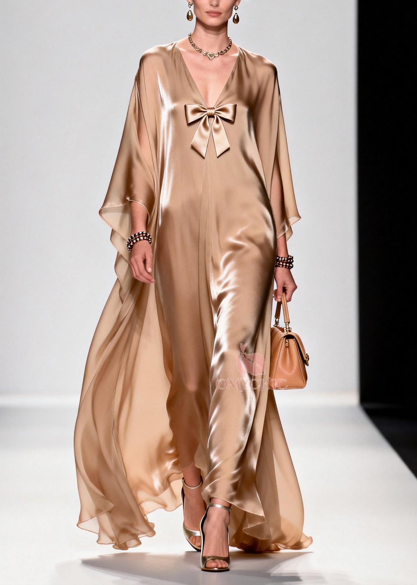 Beautiful Khaki Bow Exra Large Hem Draping Chiffon Maxi Dresses Summer 3