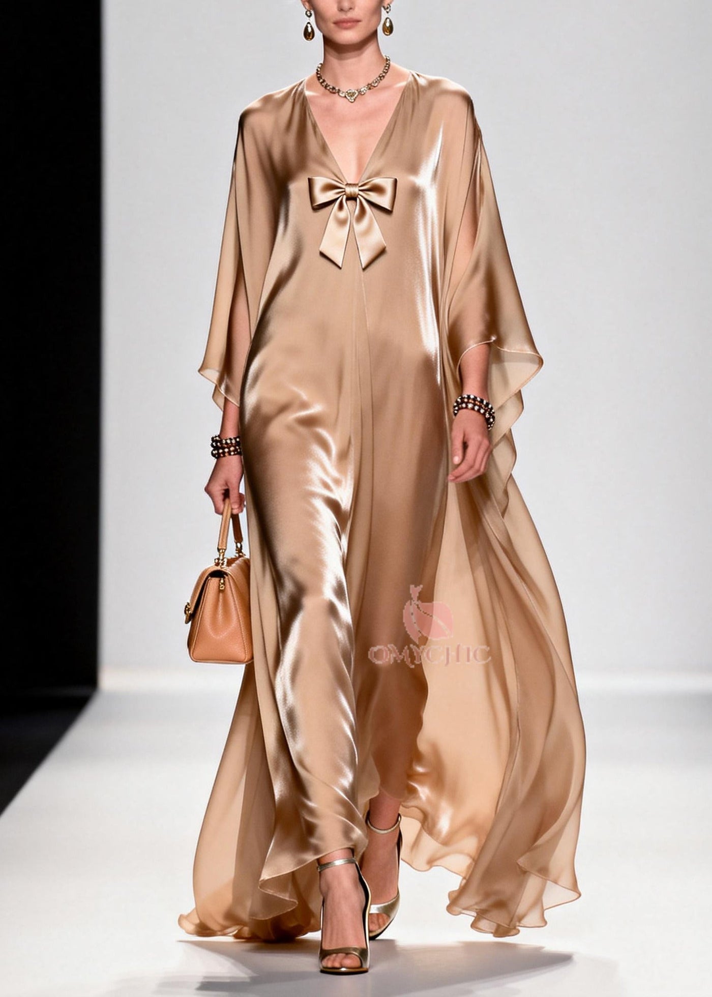 Beautiful Khaki Bow Exra Large Hem Draping Chiffon Maxi Dresses Summer 5