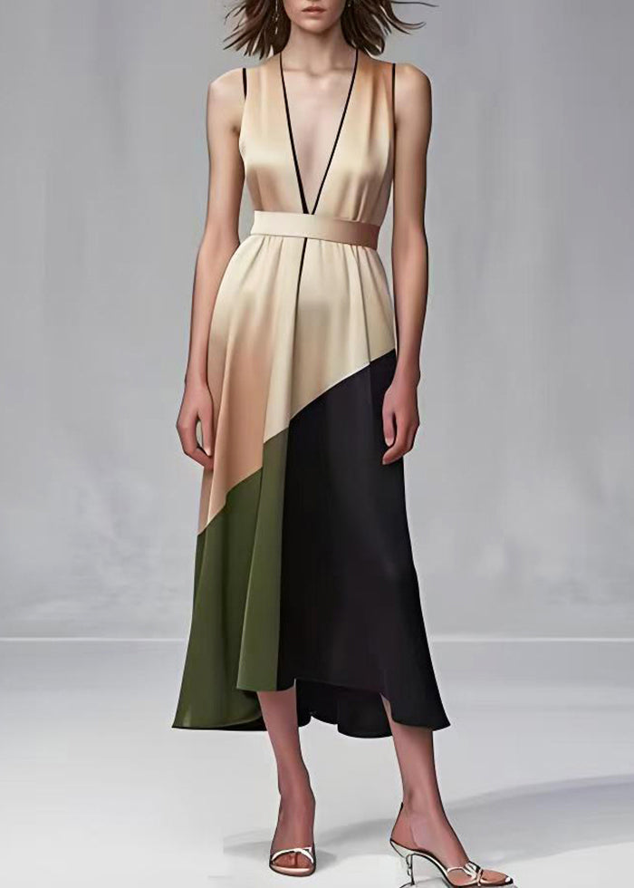 Satin Deep V-Neck Sleeveless Geometric Patchwork Belted Midi Dress