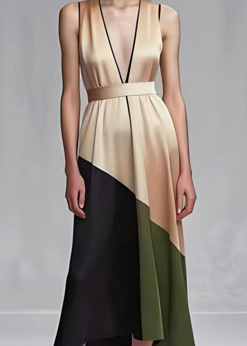 Satin Deep V-Neck Sleeveless Geometric Patchwork Belted Midi Dress