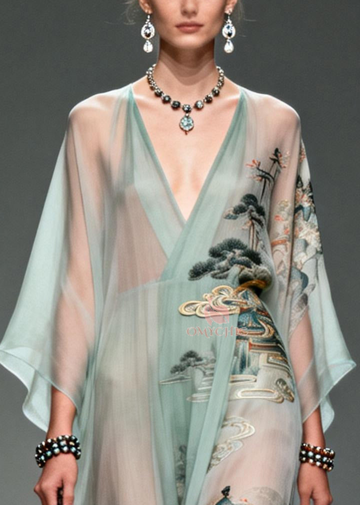 Chiffon Deep V-Neck Bell Sleeve Metallic Embroidered Waist Landscape Print Maxi Gown
