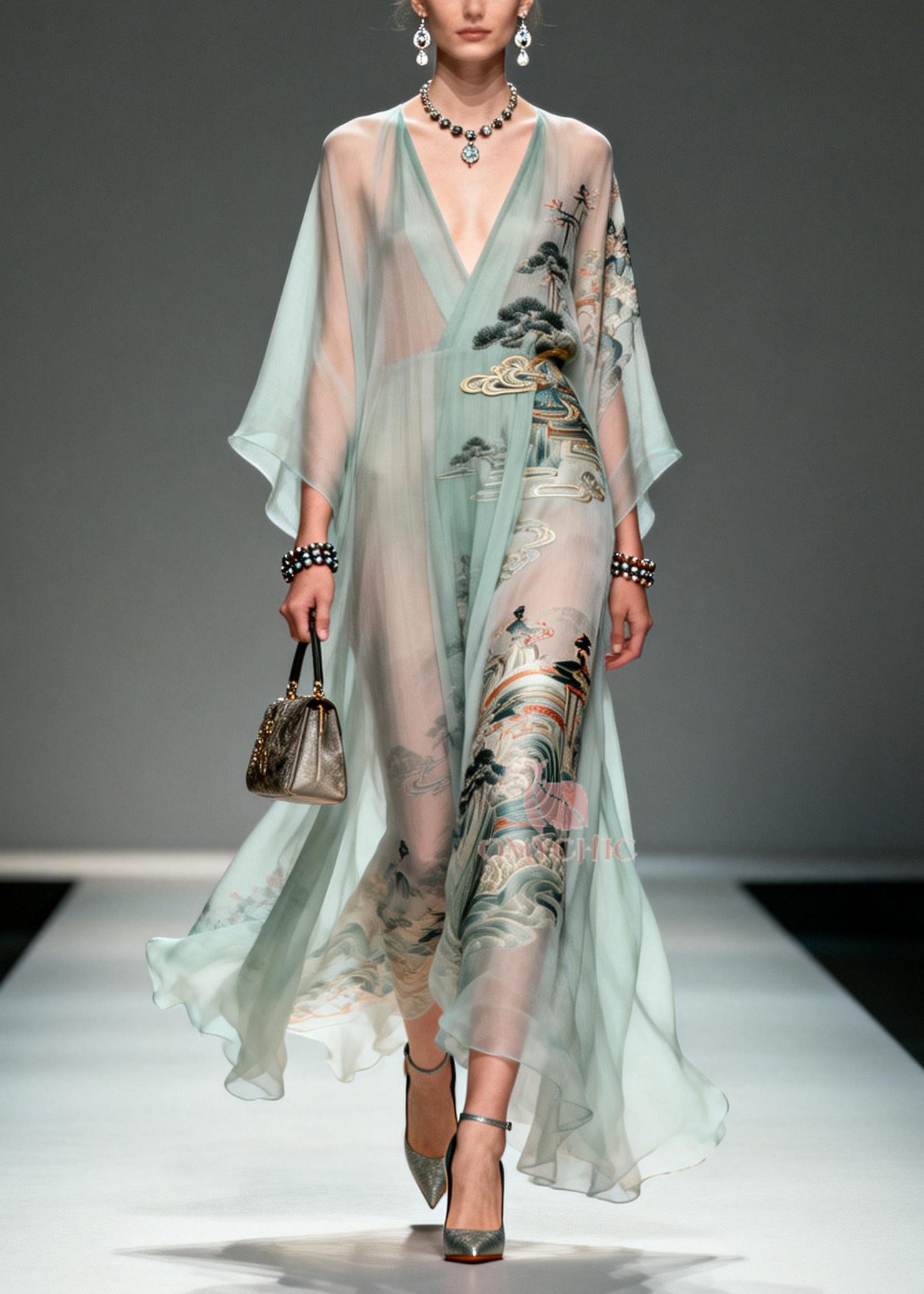 Chiffon Deep V-Neck Bell Sleeve Metallic Embroidered Waist Landscape Print Maxi Gown