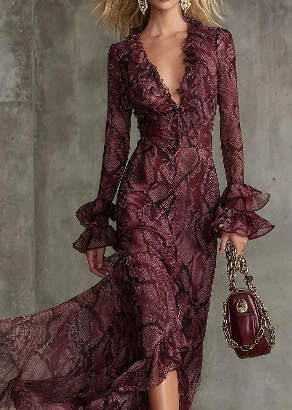 Beautiful Mulberry Ruffled Print Chiffon Ankle Dress Flare Sleeve - View 2
