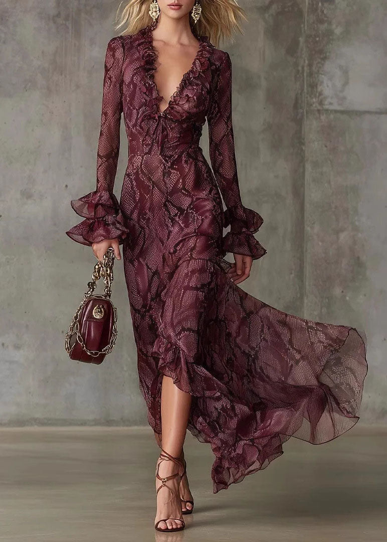 Beautiful Mulberry Ruffled Print Chiffon Ankle Dress Flare Sleeve - View 3