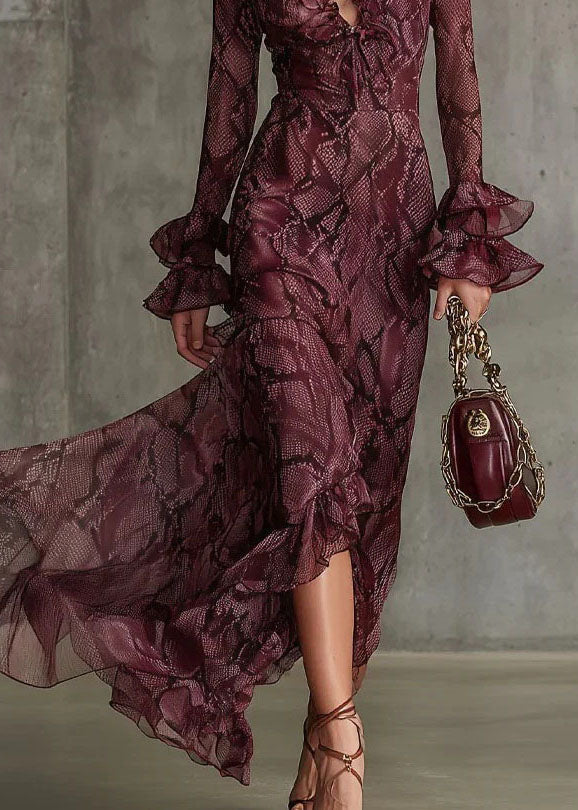 Beautiful Mulberry Ruffled Print Chiffon Ankle Dress Flare Sleeve - View 4