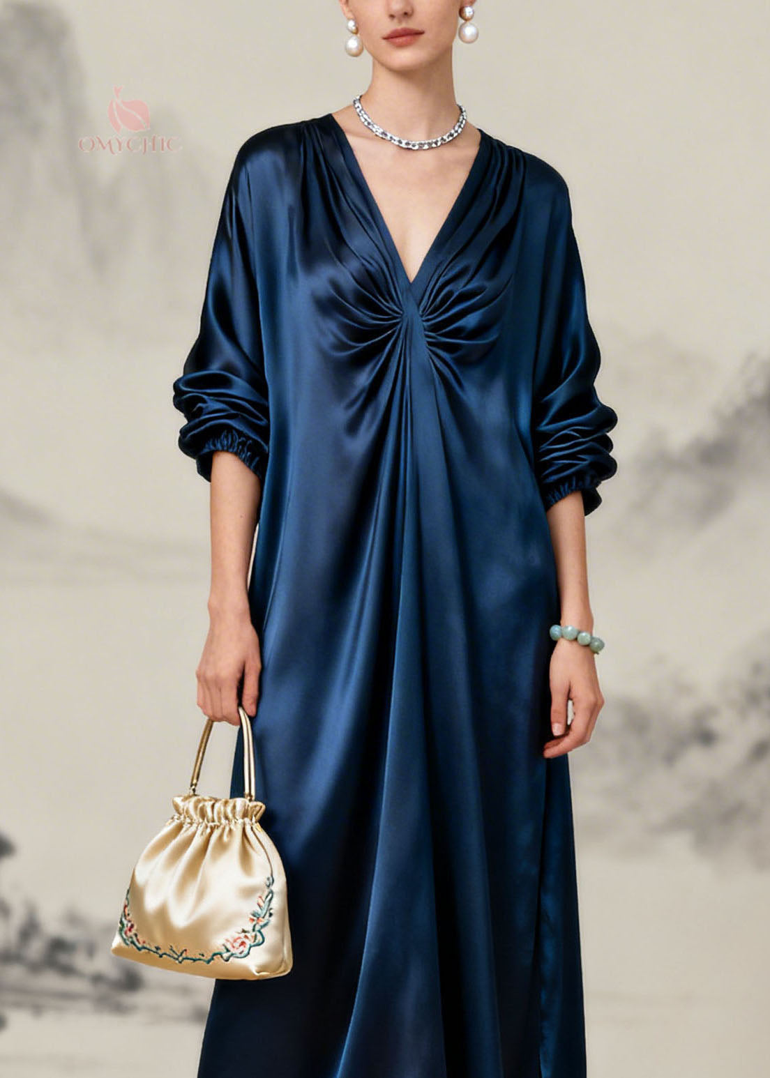Satin Deep V-Neck Ruched Knot Long Sleeve Lantern Sleeve Maxi Gown