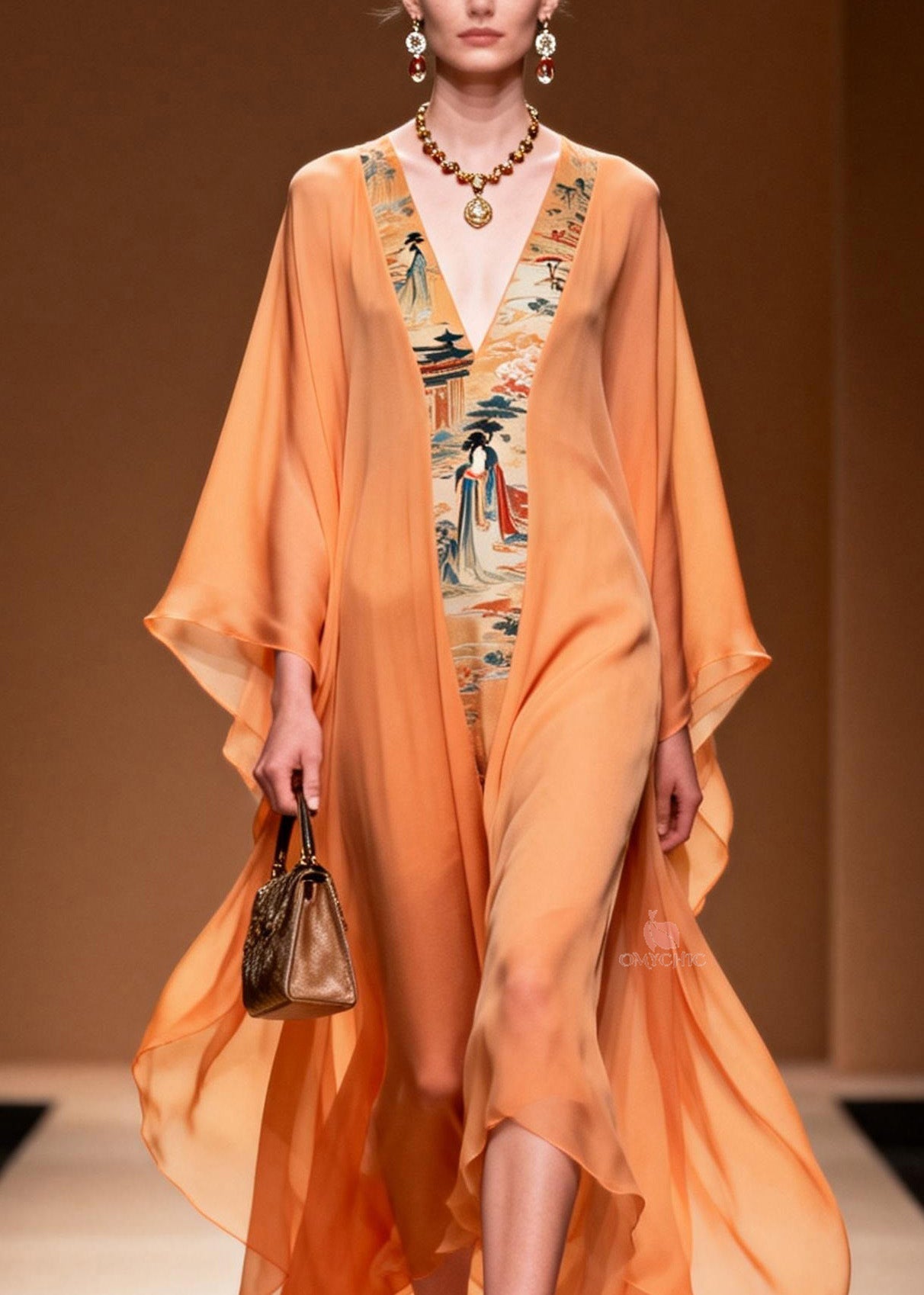 Oriental Tapestry Panel Deep V-Neck Kimono Sleeve Sheer Chiffon Kaftan Maxi Gown
