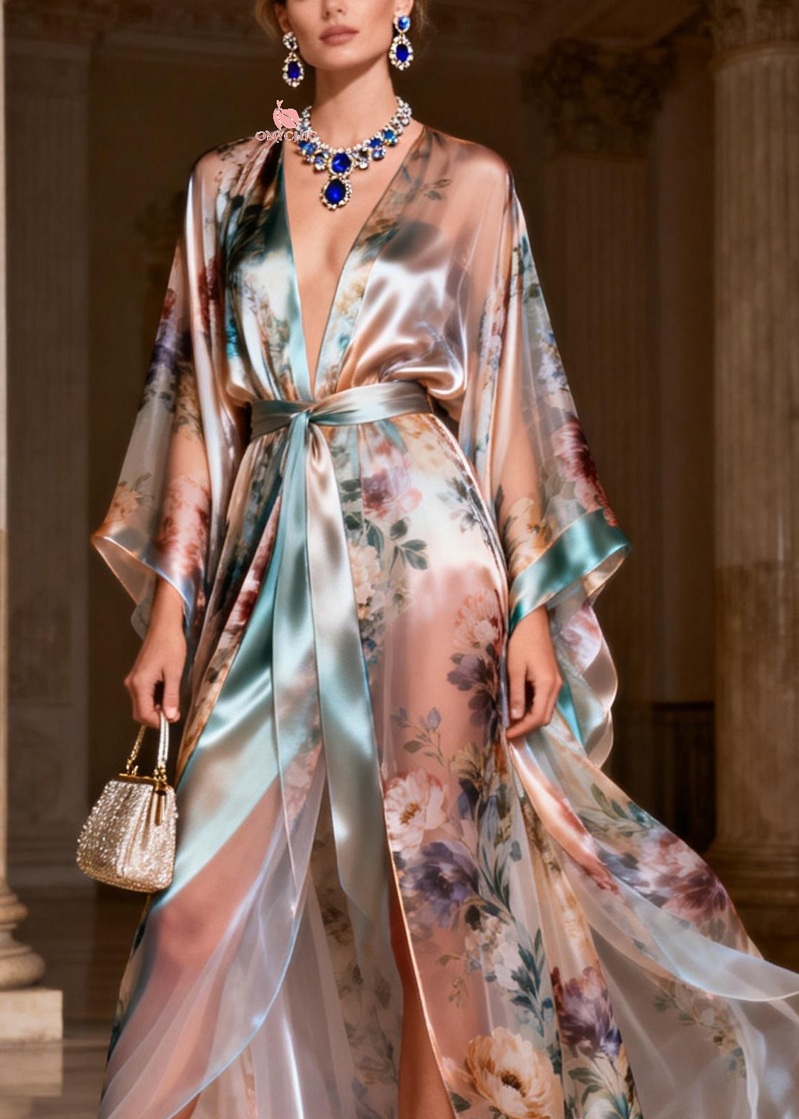 Satin Deep V-Neck Kimono Sleeve Floral Print Wrap Tie High Split Maxi Gown