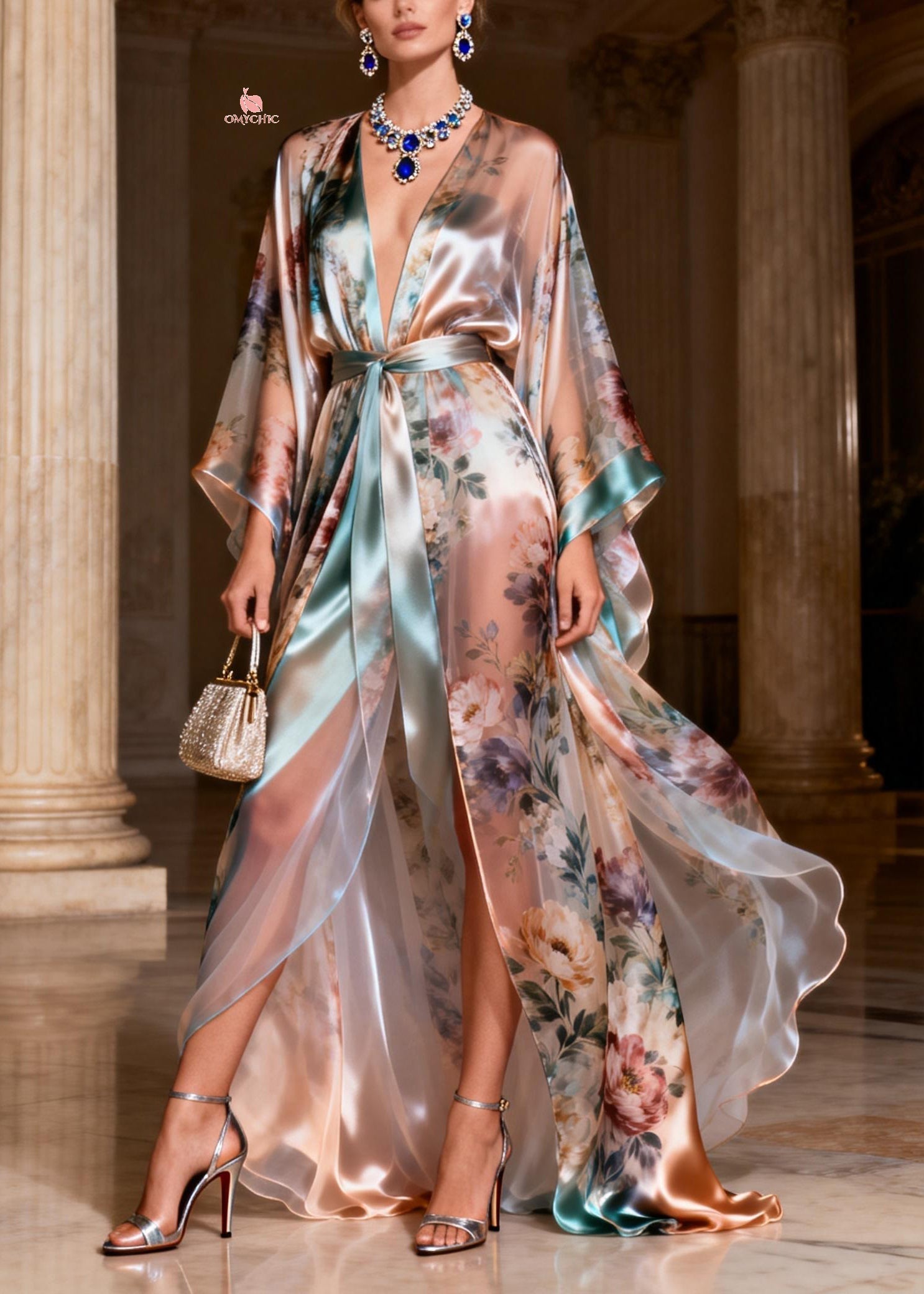 Satin Deep V-Neck Kimono Sleeve Floral Print Wrap Tie High Split Maxi Gown