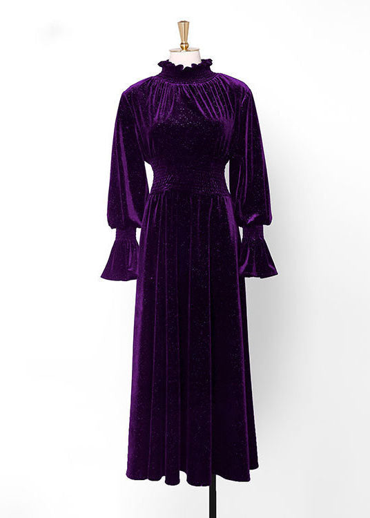 Velvet Smocked High Neck Bishop Sleeve Ruched Waist Maxi Dress