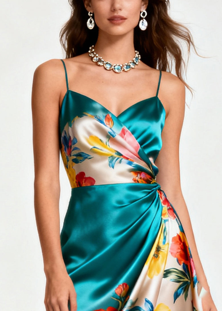 Floral Print Spaghetti Strap Wrap V-Neck Ruched Tulle Ruffle High Low Midi Dress