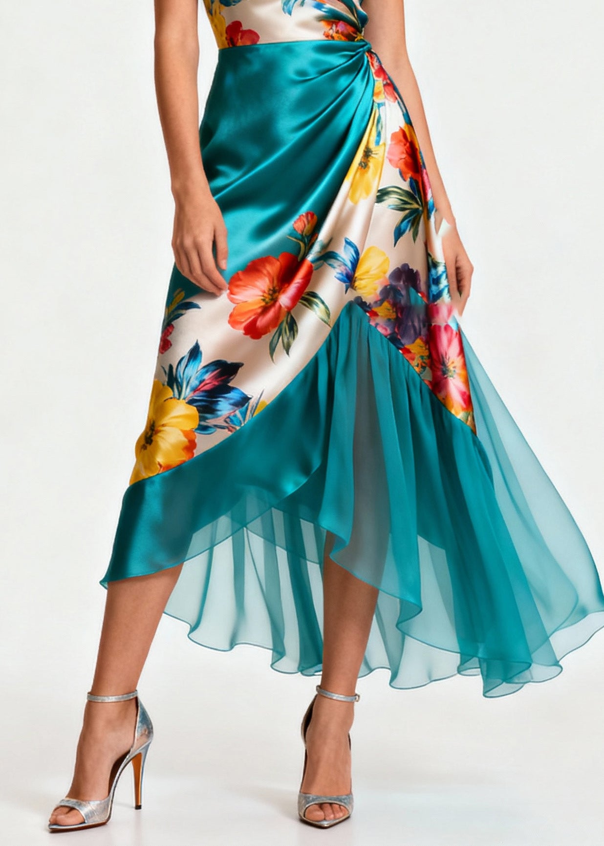 Floral Print Spaghetti Strap Wrap V-Neck Ruched Tulle Ruffle High Low Midi Dress