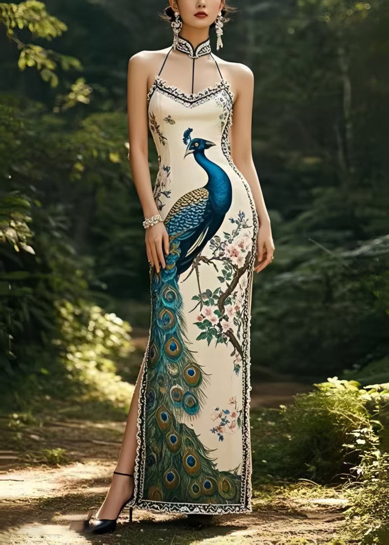 Peacock Print Halter Neck Mandarin Collar Lace Trim High Split Column Maxi Gown
