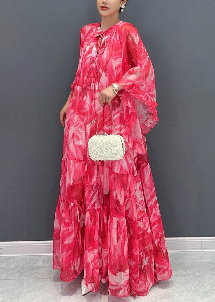 Feather Print Tie Neck Ruffle Batwing Sleeve Tiered Chiffon Maxi Dress
