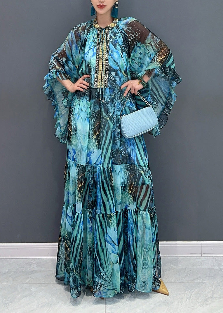 Beautiful Pink Flower Ruffled Chiffon Maxi Dress Batwing Sleeve - View 2