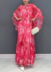 Beautiful Pink Flower Ruffled Chiffon Maxi Dress Batwing Sleeve - View 3