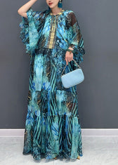 Beautiful Pink Flower Ruffled Chiffon Maxi Dress Batwing Sleeve - View 4