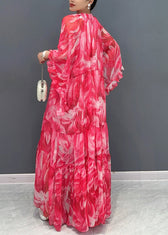 Beautiful Pink Flower Ruffled Chiffon Maxi Dress Batwing Sleeve - View 5