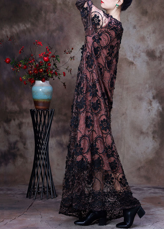 Crochet Lace Round Neck Floral Maxi Dress