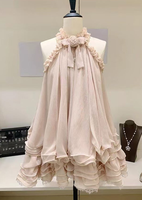Beautiful Pink Ruffled Lace Tulle Mini Dress Sleeveless - View 2