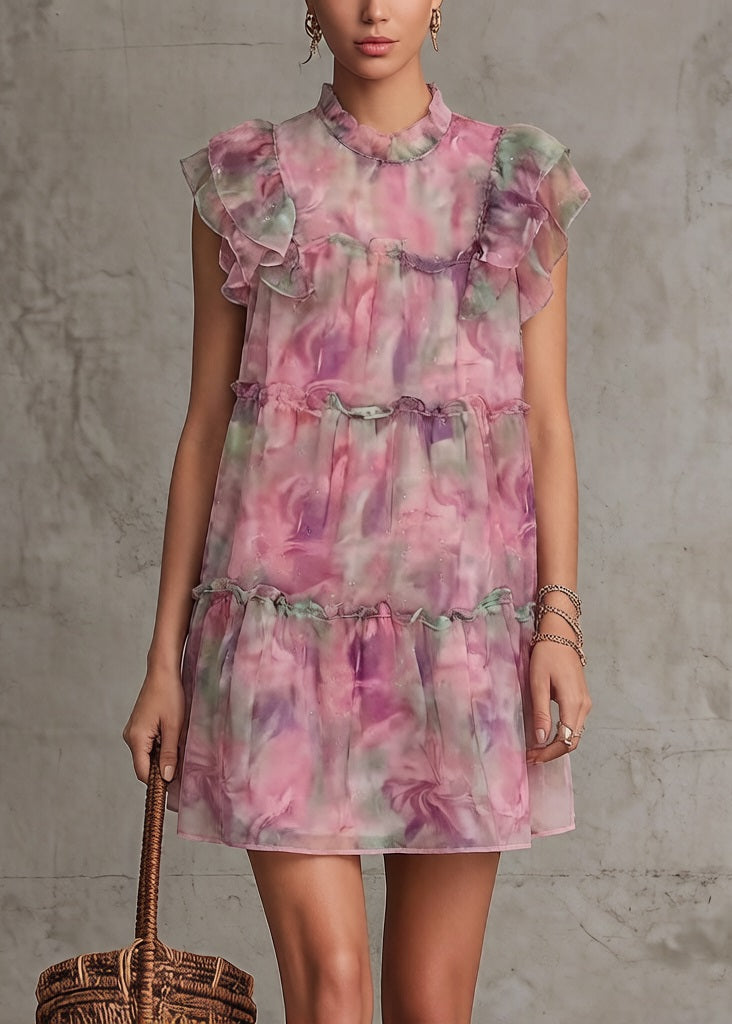 Beautiful Pink Ruffled Print Chiffon Mid Dress Summer 2