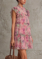 Beautiful Pink Ruffled Print Chiffon Mid Dress Summer 3
