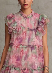 Beautiful Pink Ruffled Print Chiffon Mid Dress Summer 4